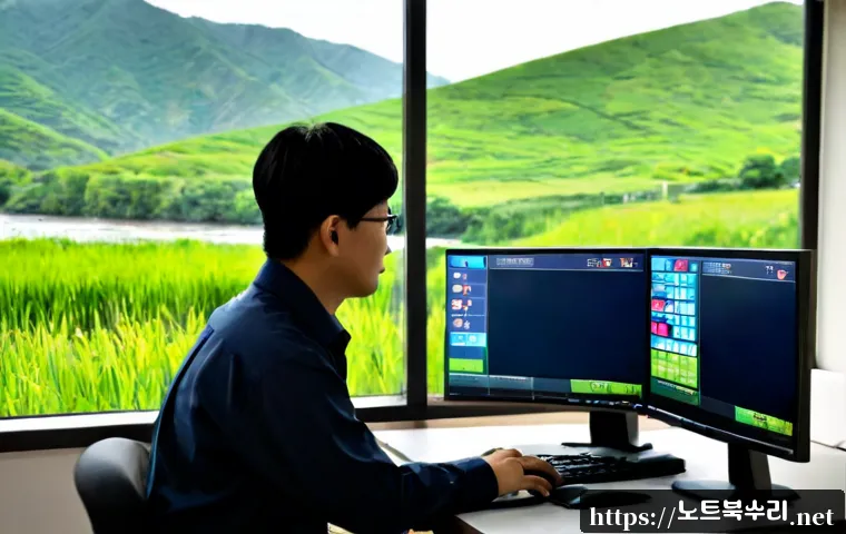 강상면 STATUS_KERNEL_MODULE_ACCESS_DENIED - Photorealistic IT support workstation in a quiet riverside township office, technician reviewing a d...