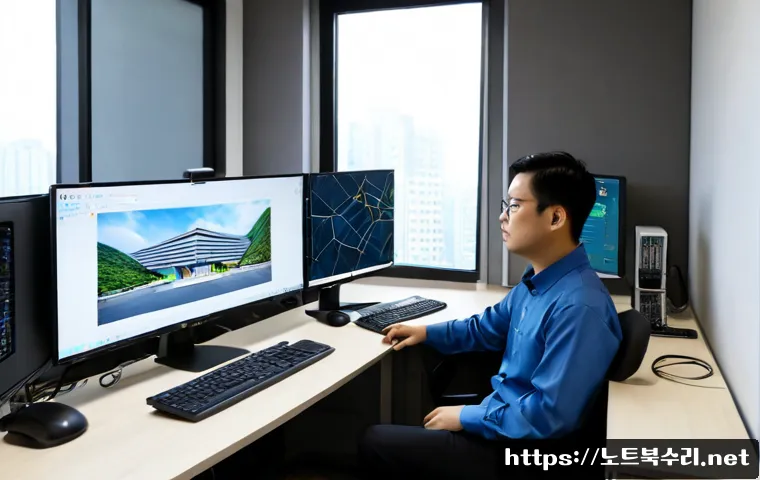 신풍동 STATUS_RESOURCE_NOT_OWNED - Photorealistic IT support workstation in a compact Sinpung-dong office, dual monitors showing abstra...