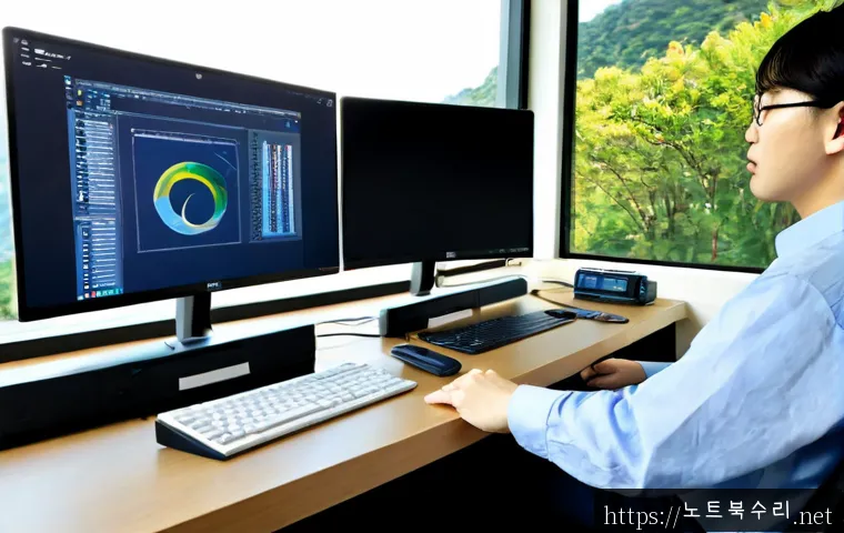 관문동 STATUS_IMAGE_INVALID - Photorealistic modern remote-support workstation in a quiet Korean administrative neighborhood, dual...