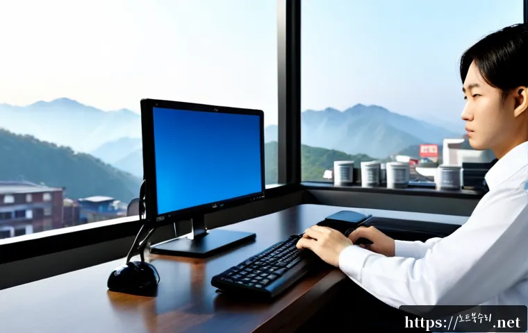 성동구 SYSTEM_SERVICE_EXCEPTION - Photorealistic remote IT support workstation in Seongdong-gu, dual-monitor desktop with a blank blue...