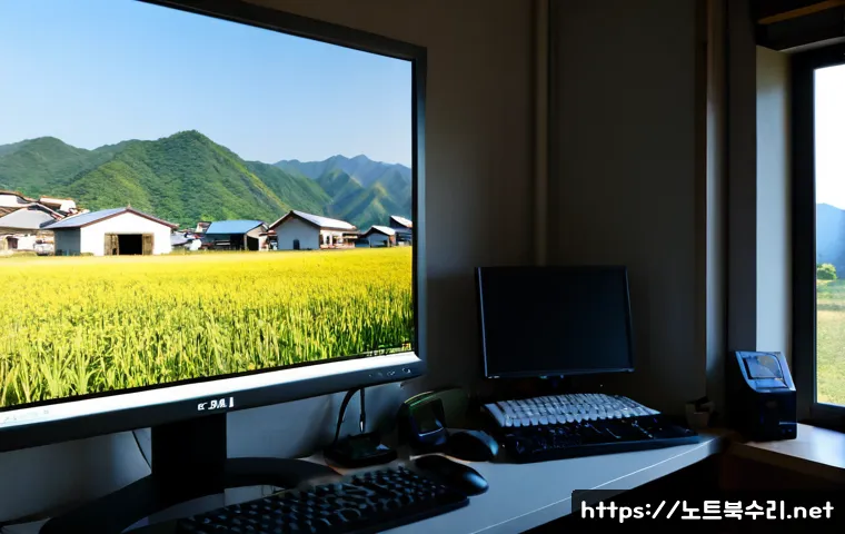 내촌면 a disk read error occurred - Photorealistic IT support workstation in a quiet rural Korean township office, desktop monitor showi...