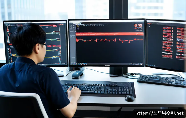 학익동 STATUS_UNSUCCESSFUL - Photorealistic IT support workstation in a compact Incheon office, dual monitors showing a blank err...
