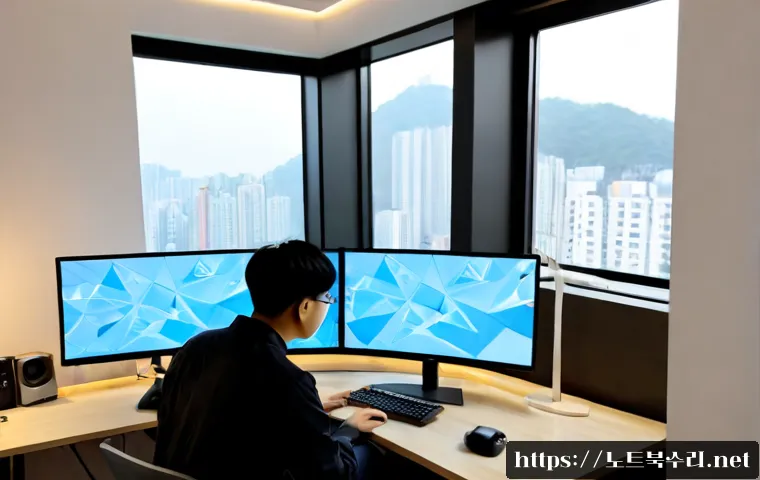 부평구 STATUS_FLOAT_UNDERFLOW - Photorealistic remote-support workstation in a compact Bupyeong office, dual monitors showing abstra...