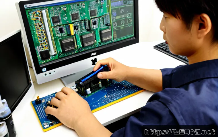 현수동 cpu조립 및 교체수리 - Photorealistic computer repair bench in a compact Hyeonsu-dong apartment workspace, technician caref...