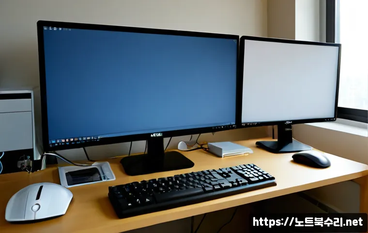 산현동 STATUS_INVALID_OBJECT - Photorealistic IT support workstation in a compact Korean apartment office, dual monitors showing ab...