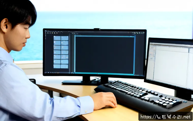 을왕동 press f4 key - Photorealistic remote-support workstation in a coastal Korean office, technician pressing the F4 key...