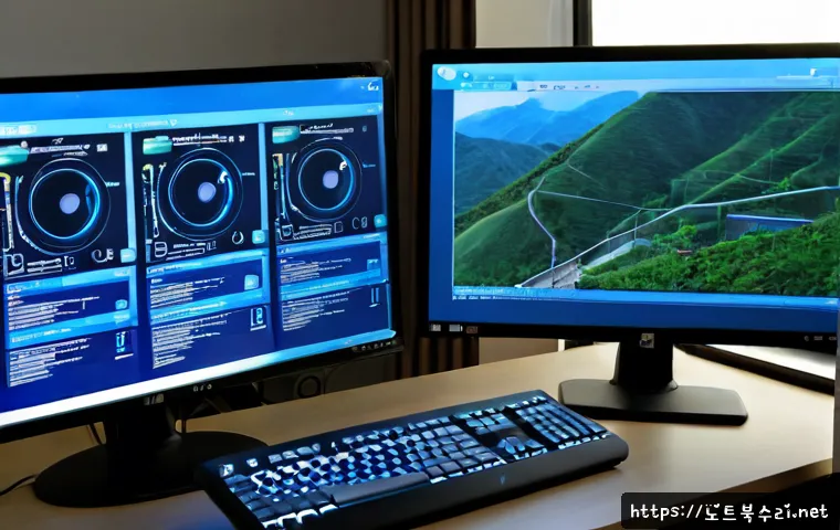 성북구 STATUS_INVALID_DISPOSITION - Photorealistic IT support workstation in Seongbuk-gu, dual monitors showing a clean abstract system ...