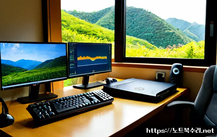 영중면 절전모드 - Photorealistic remote-support workstation in a quiet rural Korean office near low wooded hills, dual...