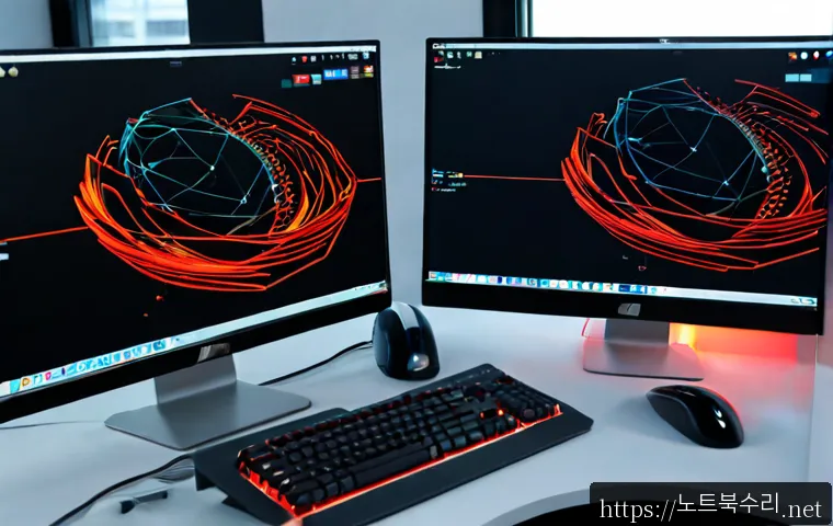 초평동 STATUS_STACK_BUFFER_OVERRUN - Photorealistic software engineering workstation in a compact modern office, dual monitors showing an...