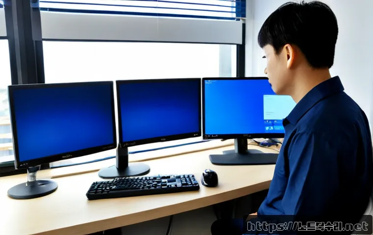 고현동 블루스크린 - Photorealistic remote-support workstation in a compact Geoje apartment office, dual monitors showing...