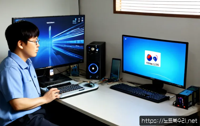 별내면 THREAD_STUCK_IN_DEVICE_DRIVER - Photorealistic IT support workstation in a quiet Byeollae-myeon suburban apartment, dual monitors wi...