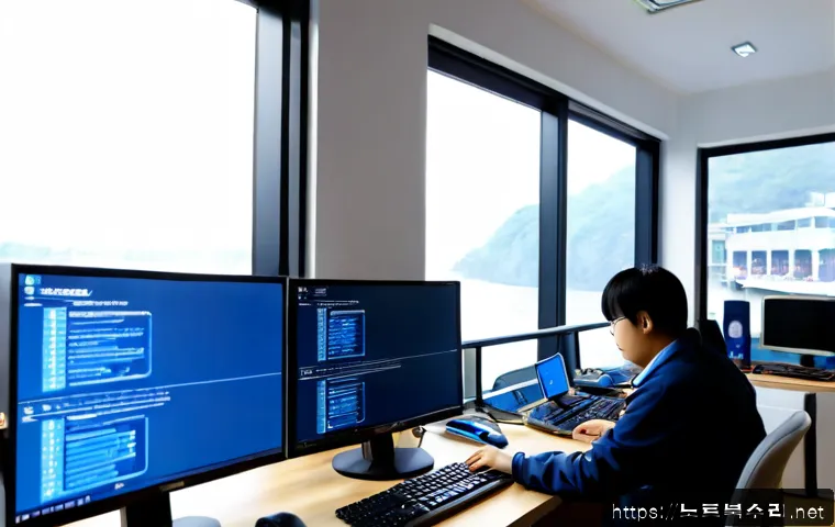 양평동 PFN_LIST_CORRUPT - Photorealistic remote IT support workstation in a compact Yangpyeong-dong office, dual monitors show...