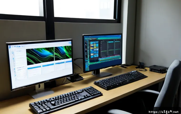 예장동 STATUS_SYSTEM_FILE_MISSING - Photorealistic IT recovery workstation in a compact Yejang-dong office, dual monitors showing abstra...