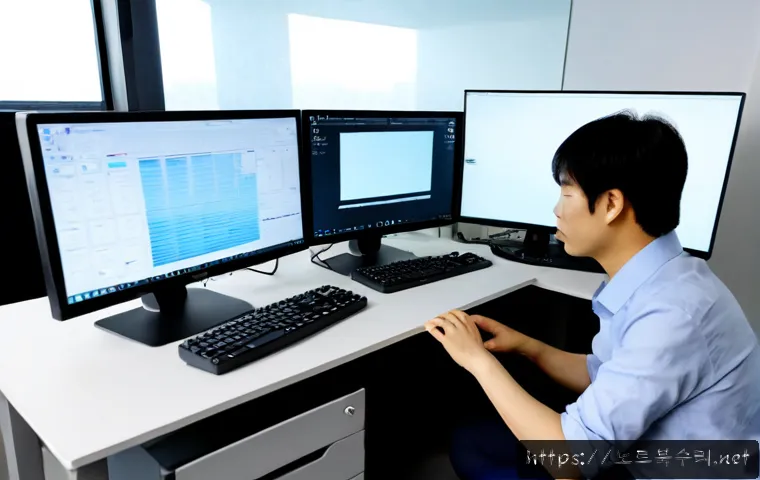 순화동 CRITICAL_OBJECT_TERMINATION - Photorealistic remote-support workstation in a compact Jung District office, dual monitors showing a...