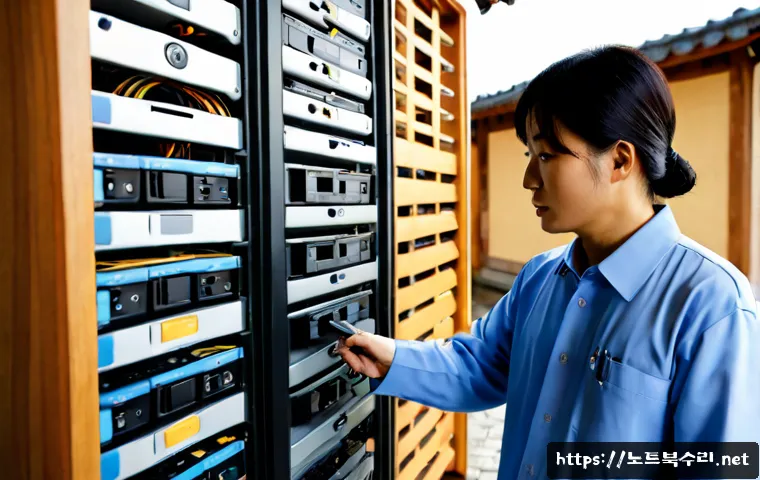익선동 파일서버출장방문수리점 - Photorealistic onsite file server repair in a compact traditional courtyard office near Ikseon-dong,...