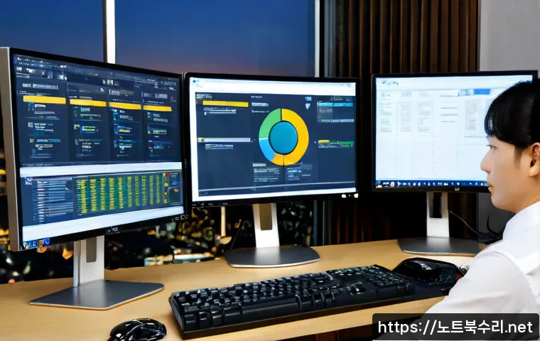 청담동 STATUS_KERNEL_DRIVER_CORRUPTION - Photorealistic premium IT support workstation in Cheongdam-dong, dual monitors showing a clean abstr...