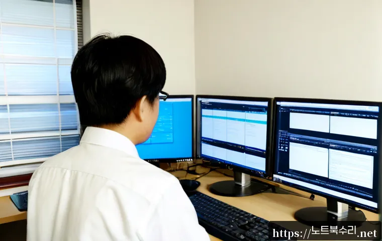원삼면 POOL_CORRUPTION_IN_FILE_AREA - Photorealistic IT support workstation in a quiet semi-rural Korean office near Wonsam-myeon, dual mo...