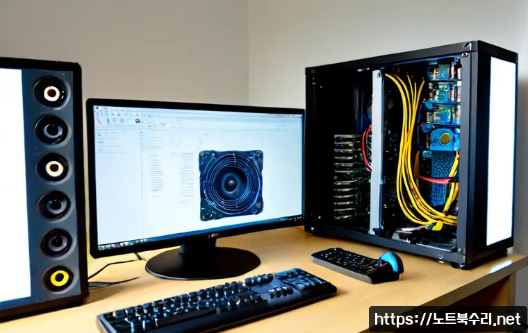 법곳동 파워조립 및 교체수리 - Photorealistic computer repair bench in a compact Beopgot-dong office workshop, technician installin...