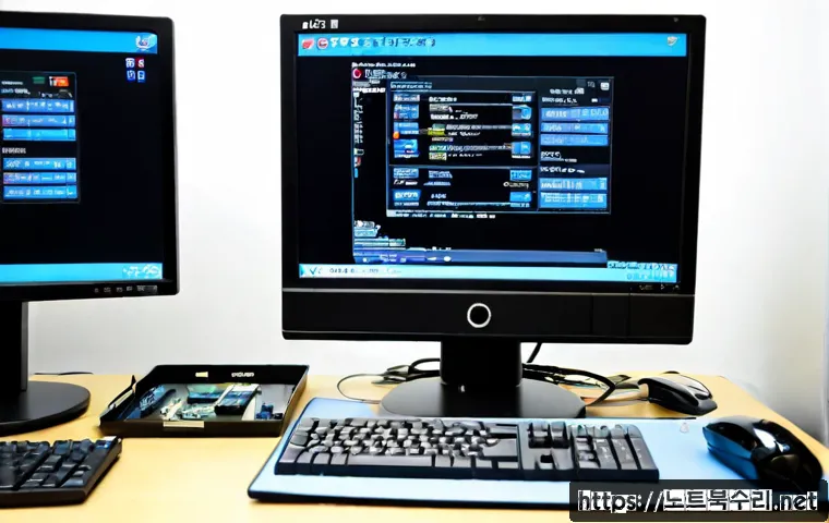 부평구 BAD_SYSTEM_CONFIG_INFO - Photorealistic PC repair workstation in a compact Bupyeong-gu apartment office, desktop monitor show...