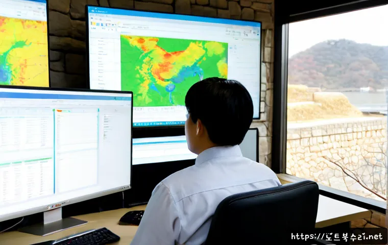 수원시 STATUS_DATATYPE_MISALIGNMENT - Photorealistic software support workstation in a modern Paldal district office, dual monitors showin...