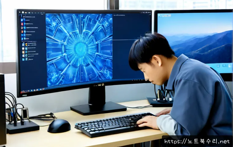 아양동 KERNEL_DATA_INPAGE_ERROR - Photorealistic IT support workstation in a quiet residential district office, dual monitors showing ...
