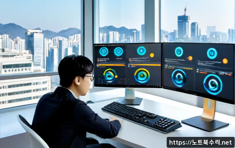 백현동 IO1_INITIALIZATION_FAILED - Photorealistic software support scene in a bright Pangyo-style office, frustrated engineer at a dual...