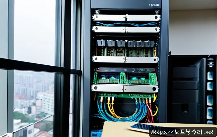 선화동 네트워크구축 설정 및 세팅오류해결 - Photorealistic IT technician configuring a compact network rack in a Seonhwa-dong office, neatly rou...
