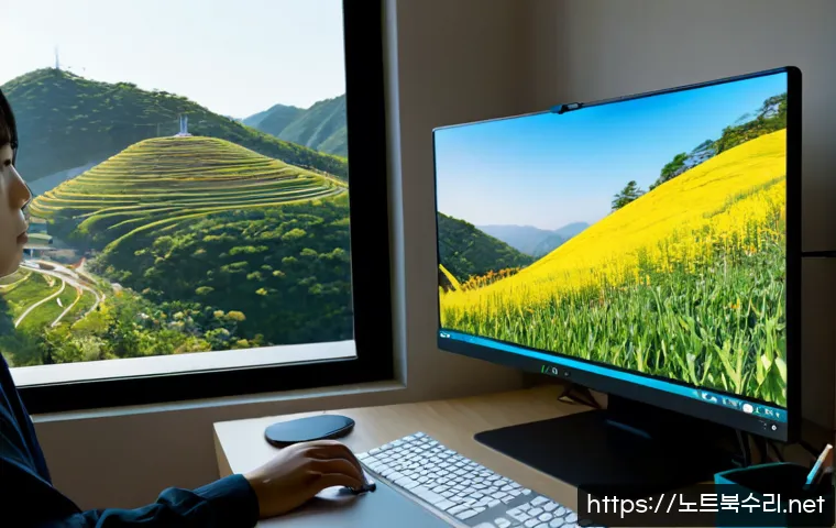 상봉암동 STATUS_IMAGE_CORRUPTION - Photorealistic remote-support workstation in a compact Seoul apartment office near a quiet hillside ...