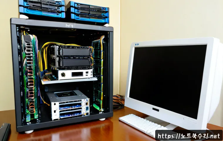 수진동 해놀로지 xpenology 구축 - Photorealistic compact IT workstation in a Sujeong-dong apartment office, technician assembling a si...