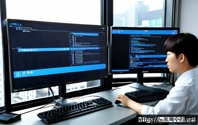관철동 WATCHDOG_VIOLATION - Photorealistic remote IT support workstation in a compact Jongno office, dual monitors showing a bla...