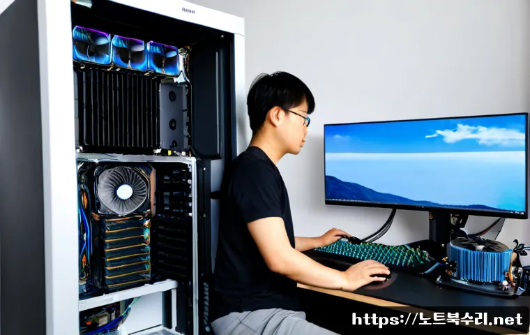삼성동 쿨러조립 및 교체수리 - Photorealistic PC repair workstation in a modern Samsung-dong high-rise office, technician carefully...