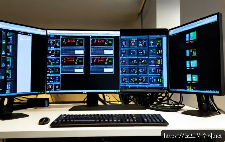 장교동 STATUS_KERNEL_MODULE_ACCESS_DENIED - Photorealistic IT support workstation in a compact Euljiro office, dual monitors showing abstract sy...