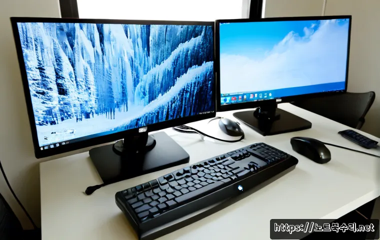 금토동 STATUS_SYSTEM_PROCESS_TERMINATED - Photorealistic remote IT support workstation in Geumto-dong, dual-monitor desk with a frozen softwar...