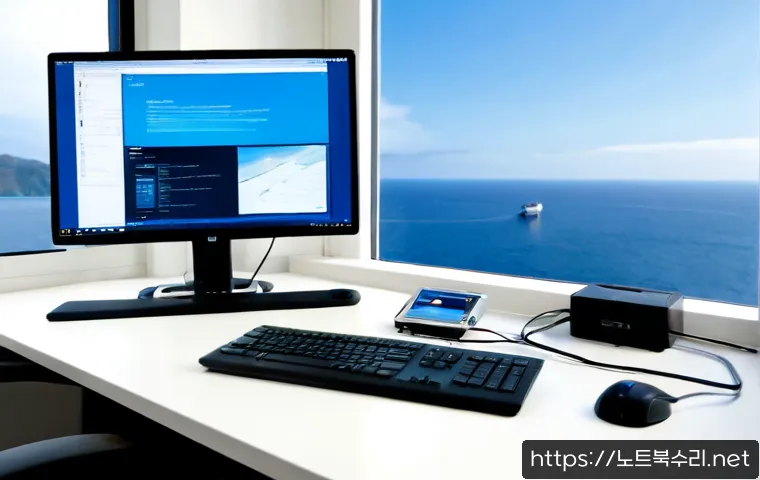 영흥면 FAT32_FILE_SYSTEM - Photorealistic remote-support workstation in a quiet coastal island office, dual monitors showing a ...