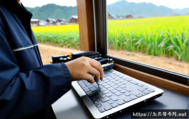점동면 맥북에어 판매 및 수리 - Photorealistic electronics service counter in a quiet rural Korean township, technician carefully re...