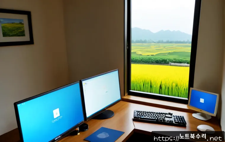 송해면 PFN_LIST_CORRUPT - Photorealistic remote-support workstation in a quiet Songhae-myeon home office, dual monitors showin...