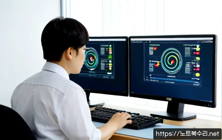 상적동 STATUS_SECURITY_POLICY_VIOLATION - Photorealistic IT administrator at a clean dual-monitor workstation, reviewing a security policy ale...
