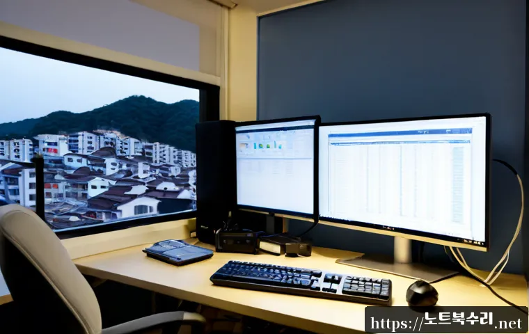 하사창동 STATUS_ILLEGAL_INSTRUCTION - Photorealistic remote IT support workstation in a compact hillside apartment, dual monitors displayi...