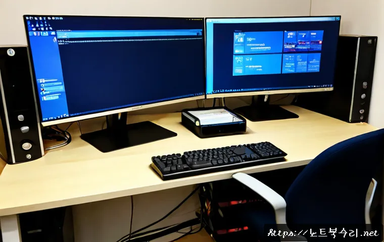 고림동 PAGE_FAULT_IN_NONPAGED_AREA - Photorealistic IT support workstation in a compact Gorym-dong apartment office, dual monitors showin...