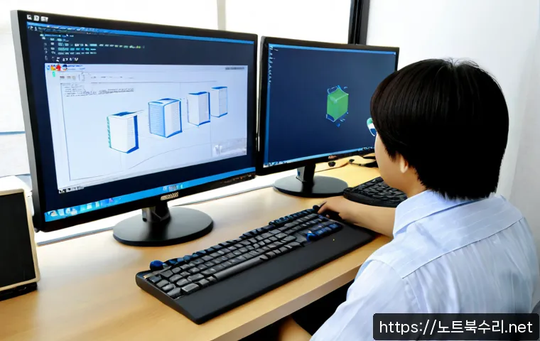봉남동 STATUS_FLOAT_INVALID_OPERATION - Photorealistic remote-support workstation in a compact Korean neighborhood office, dual monitors sho...