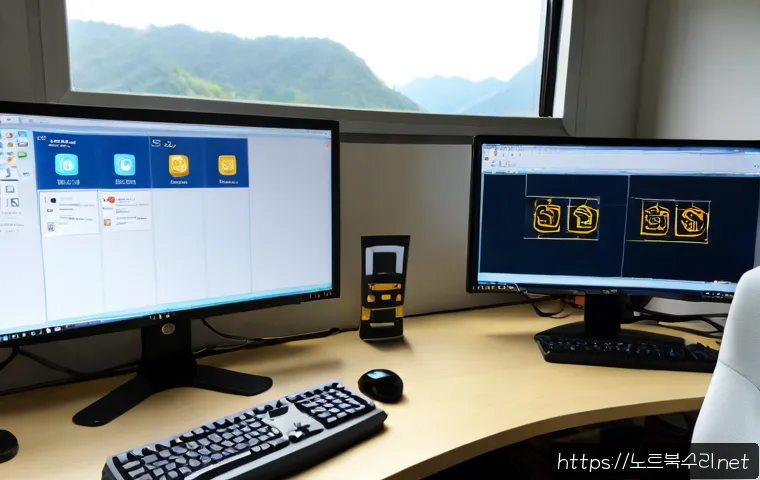 가산면 STATUS_INVALID_OBJECT - Photorealistic remote-support workstation in a compact Korean suburban office, dual monitors showing...