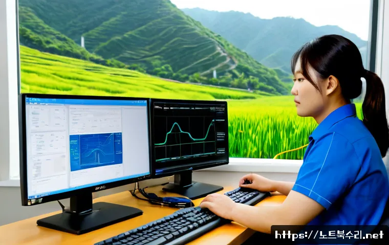 적성면 STATUS_KERNEL_NETWORK_ERROR - Photorealistic IT support workstation in a quiet rural Korean office, desktop monitor showing a clea...
