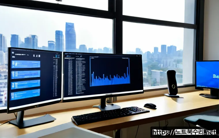 창릉동 BAD_SYSTEM_CONFIG_INFO - Photorealistic remote-support workstation in a quiet Changneung-dong apartment, dual monitors showin...