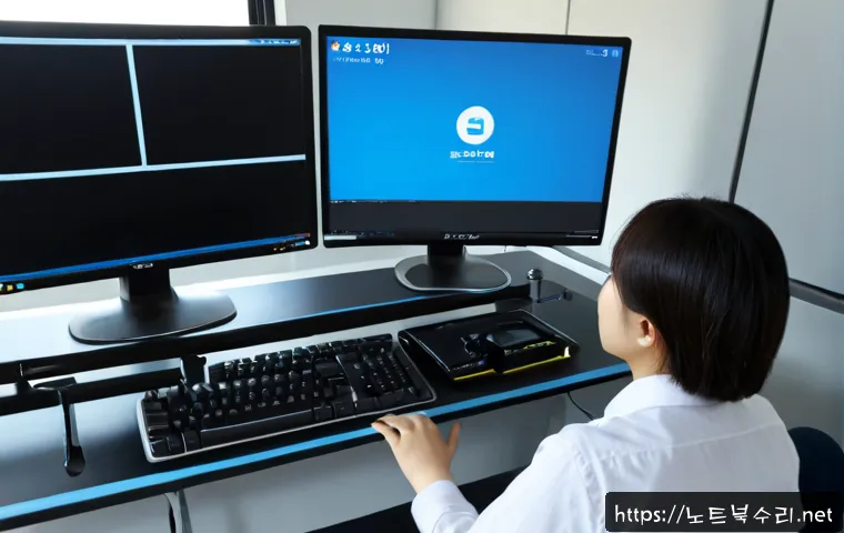 석정동 CRITICAL_PROCESS_DIED - Photorealistic IT support workstation in a compact Seokjeong-dong office, dual monitors showing a bl...