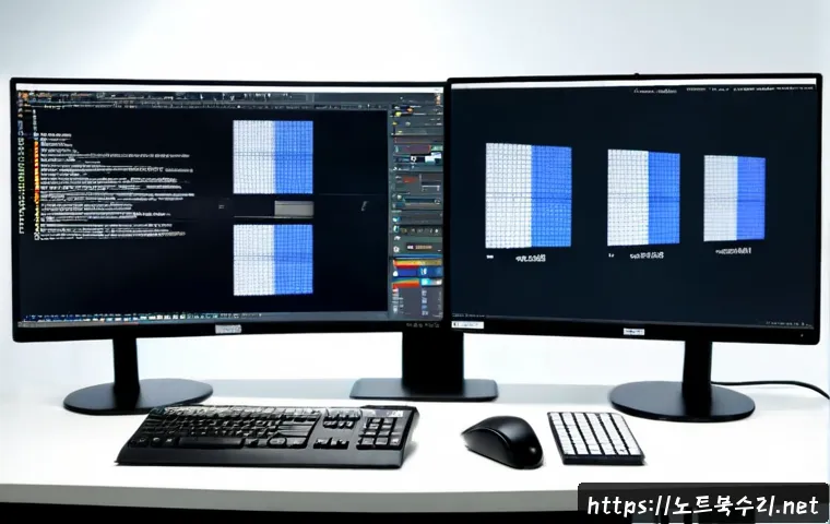 사사동 STATUS_IMAGE_CORRUPTION - Photorealistic technical workstation in a quiet industrial neighborhood office, dual monitors showin...