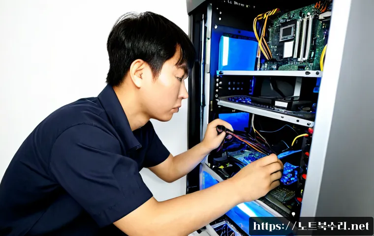 옥천면 하드조립 및 교체수리 - Photorealistic PC repair workstation in a quiet rural Korean township, technician installing a new g...