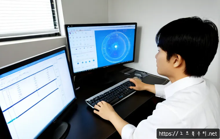 포천동 STATUS_IO_TIMEOUT - Photorealistic IT support workstation in a modest Pocheon-dong office, dual monitors showing a froze...