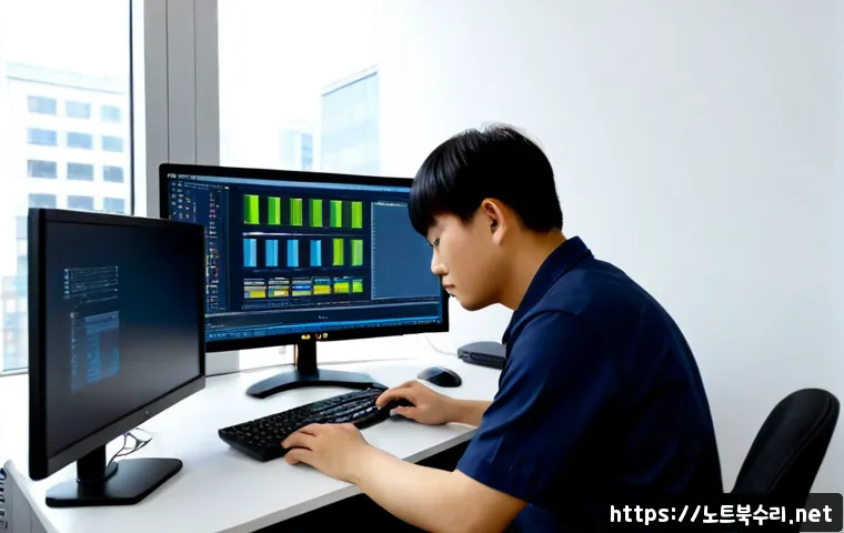 다동 STATUS_KERNEL_FILE_SYSTEM_ERROR - Photorealistic IT support workstation in a compact Da-dong office, dual monitors showing abstract st...