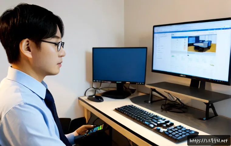 범계동 STATUS_FILE_CORRUPTION - Photorealistic remote-support workstation in a modern Bumgye-dong apartment office, dual monitors sh...