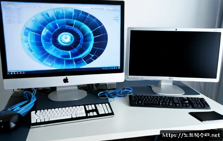 당산동 MACHINE_CHECK_EXCEPTION - Photorealistic IT support workstation in a compact Dangsan-dong office, dual monitors showing a froz...